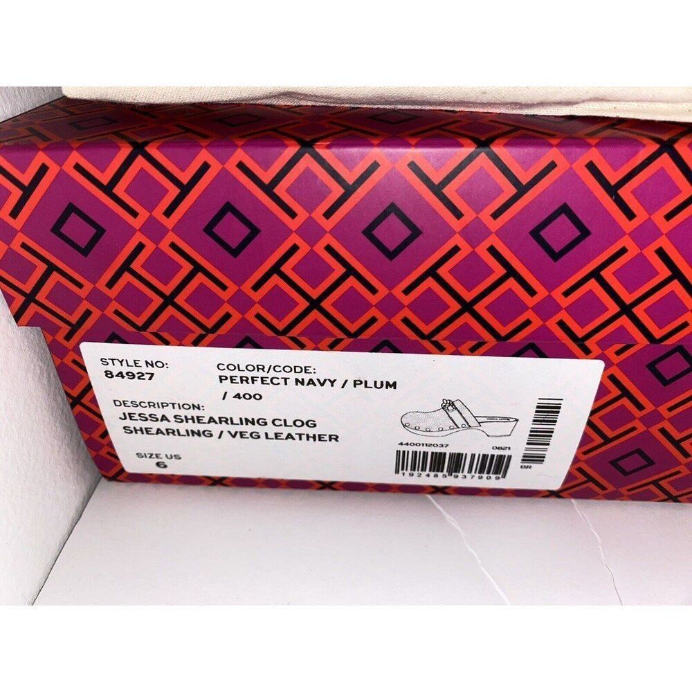Tory Burch Jessa Shearling Clog Navy With Gold Logo Plum Leather Trim Size 6 - Picture 7 of 7